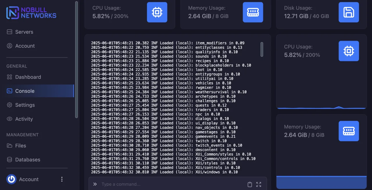 Game server control panel with the live server console open